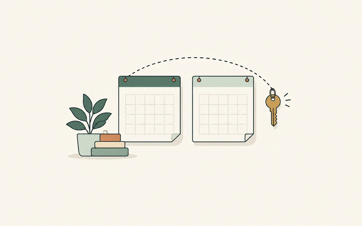 Two blank calendar pages linked by a dotted arc that ends at a house key.