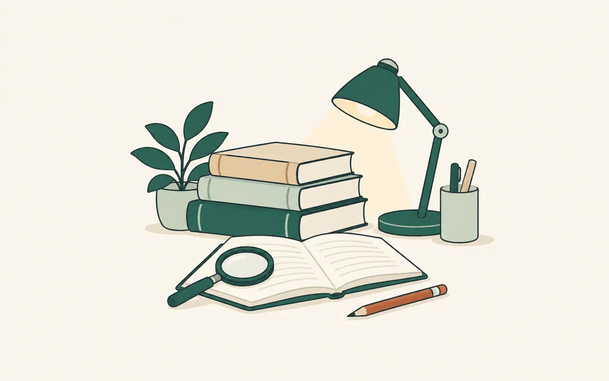 A reading desk with a lamp, stacked reference books, a magnifying glass and a pencil.