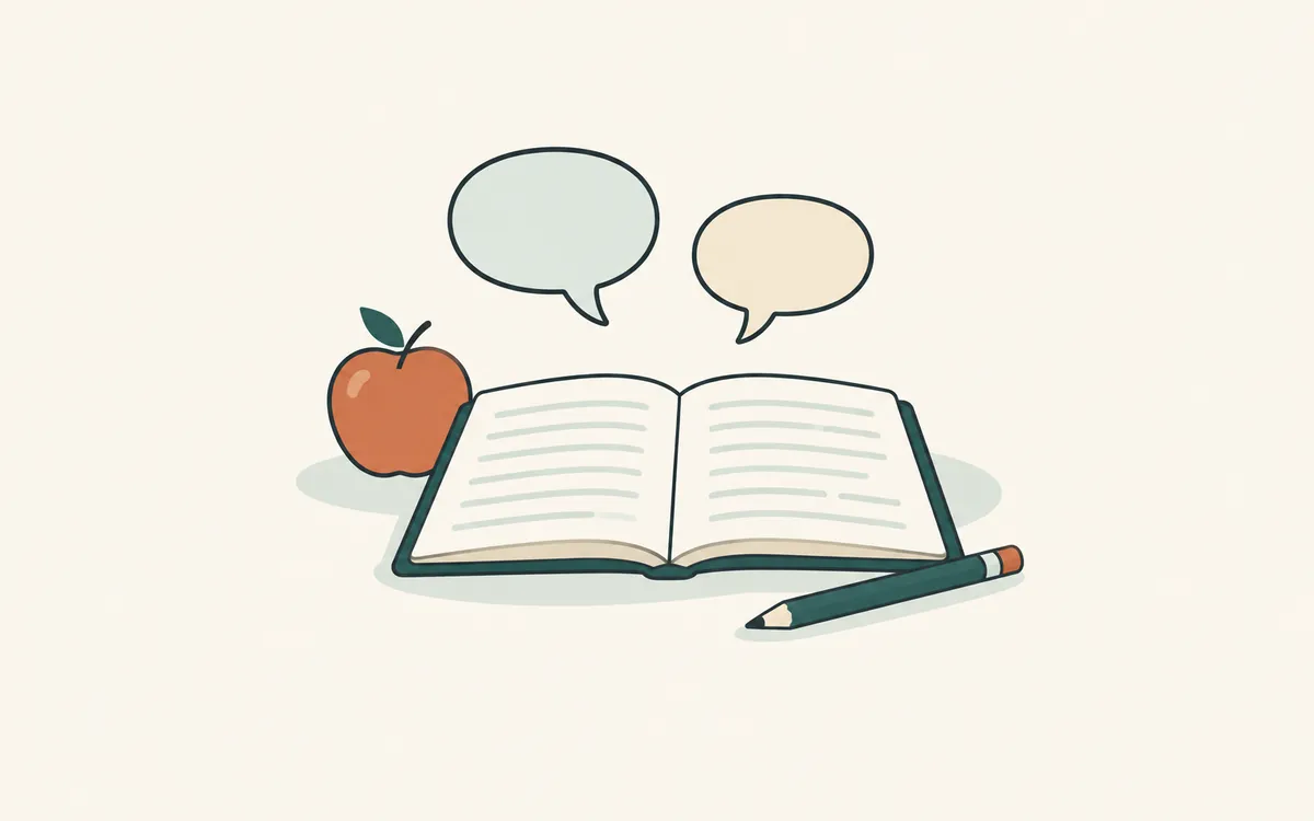 An open exercise book with a pencil, an apple and two empty speech bubbles.