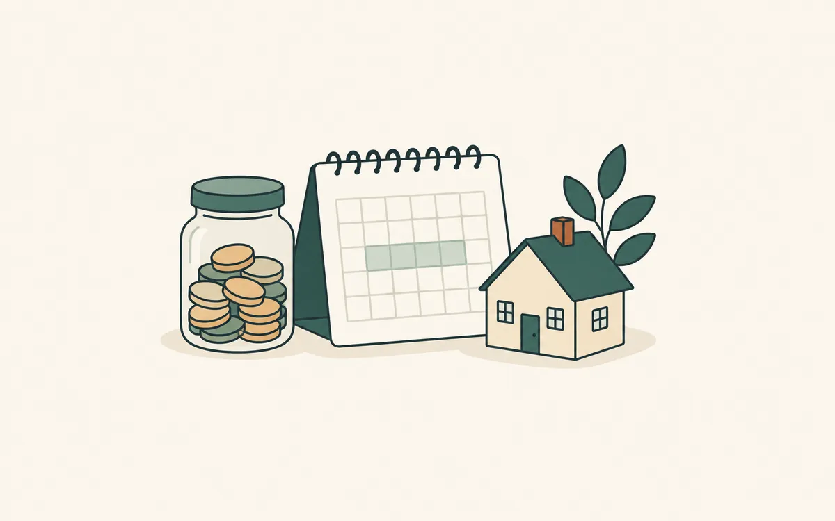 A coin jar, a calendar with a shaded run of days and a model house.