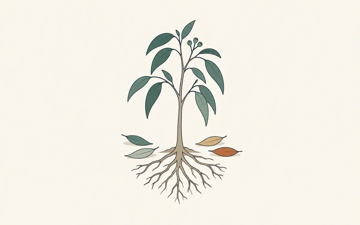 A young eucalyptus with deep roots and four fallen leaves in seasonal tones.