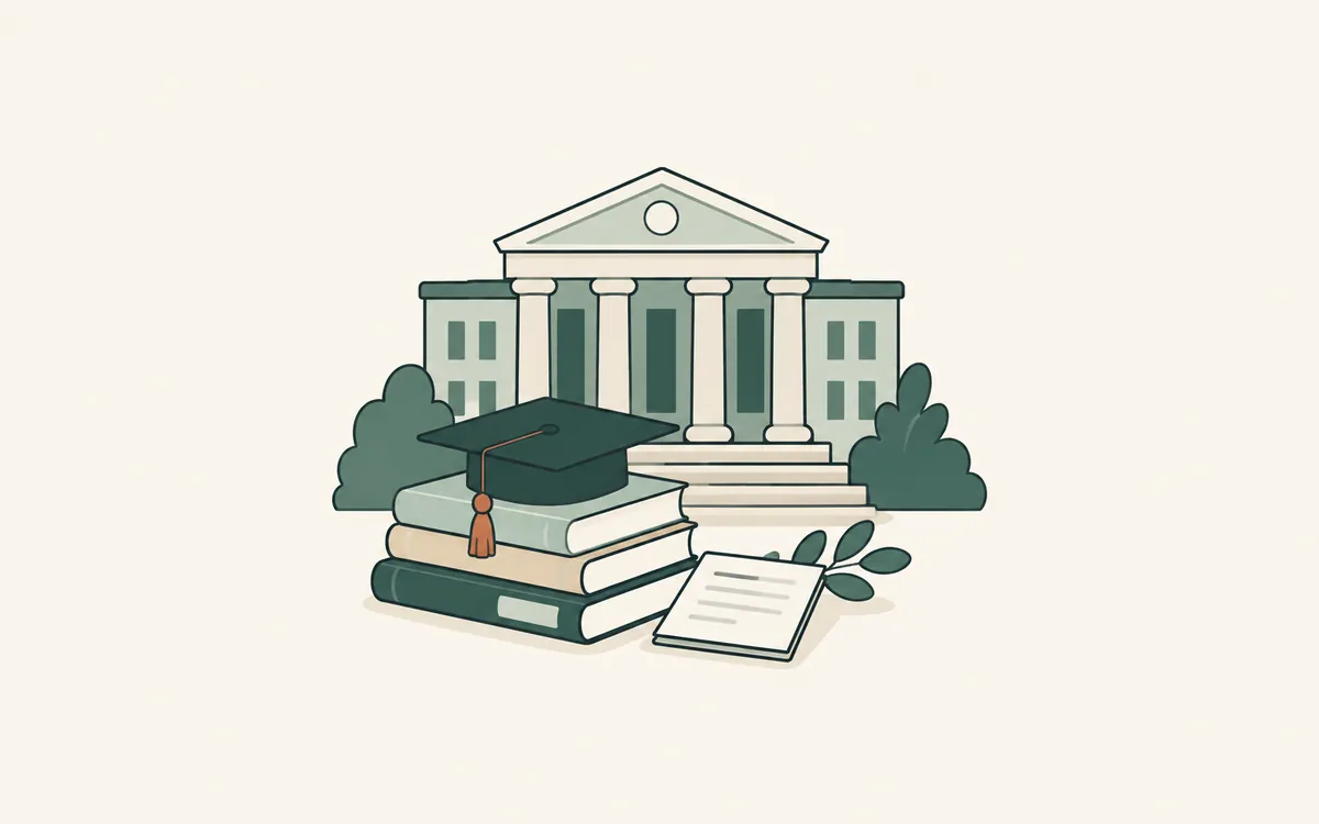 A columned university building with a graduation cap on a stack of books in front.