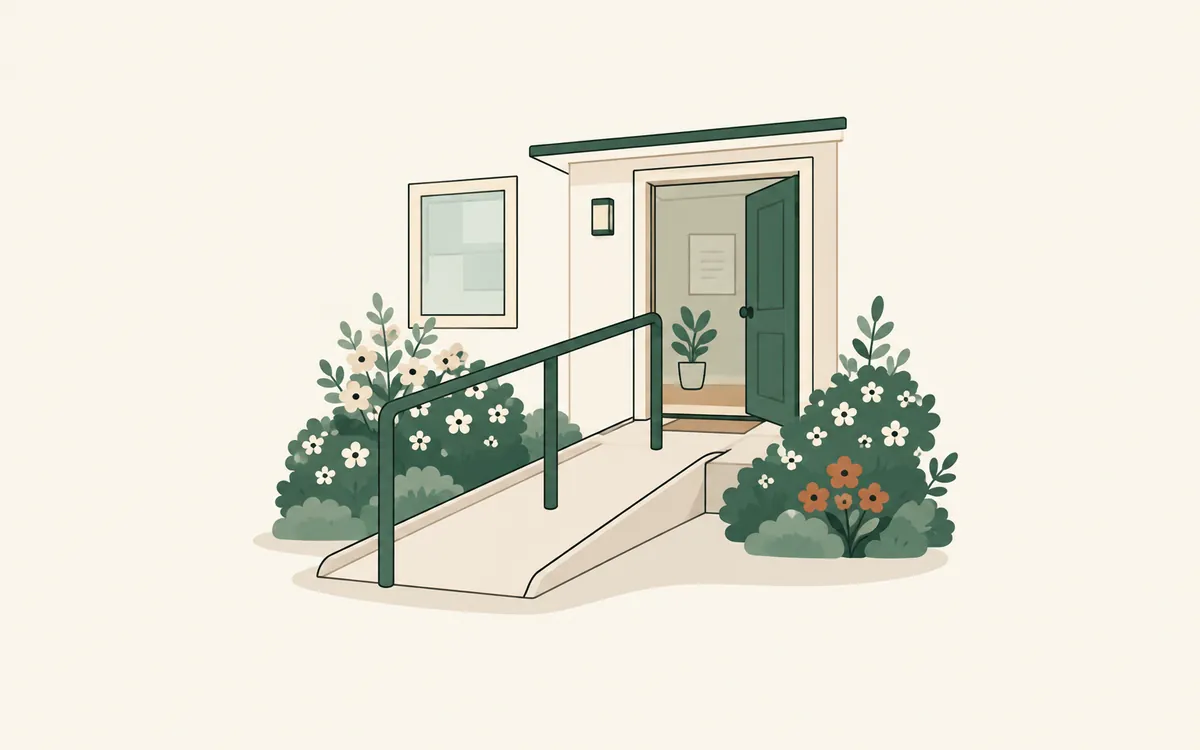 A ramp with a handrail leading to an open front door between flowering shrubs.