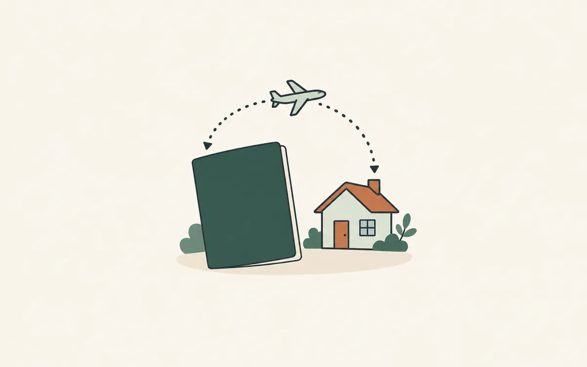 A green travel booklet and a plane on a dotted arc that returns to a house.