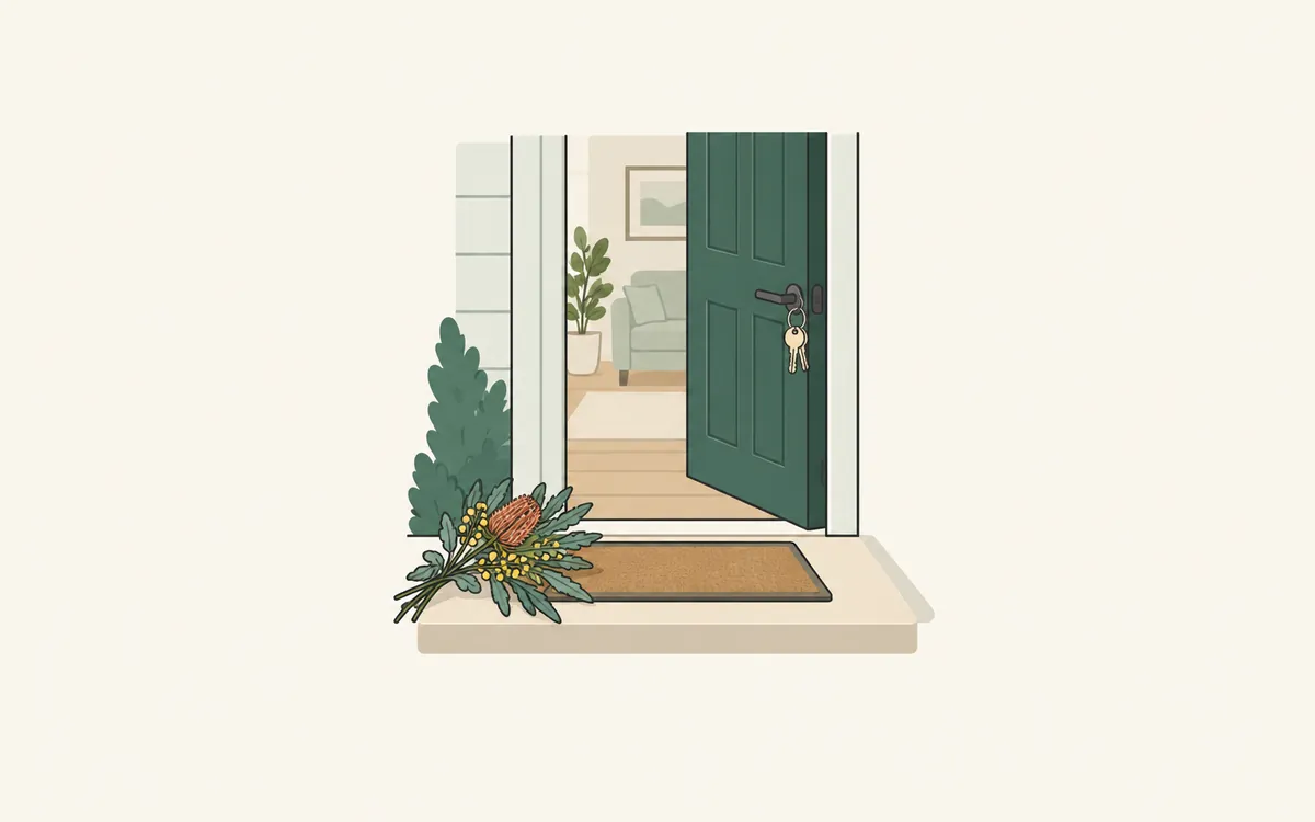An open front door with keys in the lock and native flowers on the step.