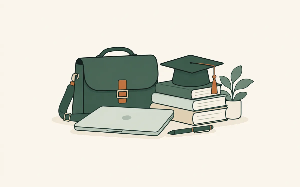 A work satchel, a closed laptop and textbooks topped with a graduation cap.