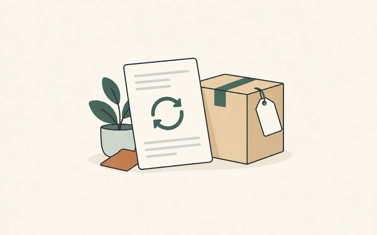 A form marked with a circular arrow, next to a moving box with a blank tag.