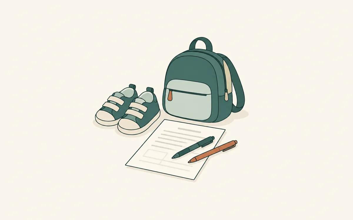 A child's shoes and backpack beside a form with two different pens on it.