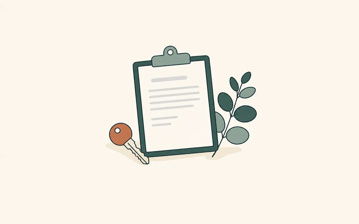 A blank form on a clipboard beside a house key and a sprig of leaves.