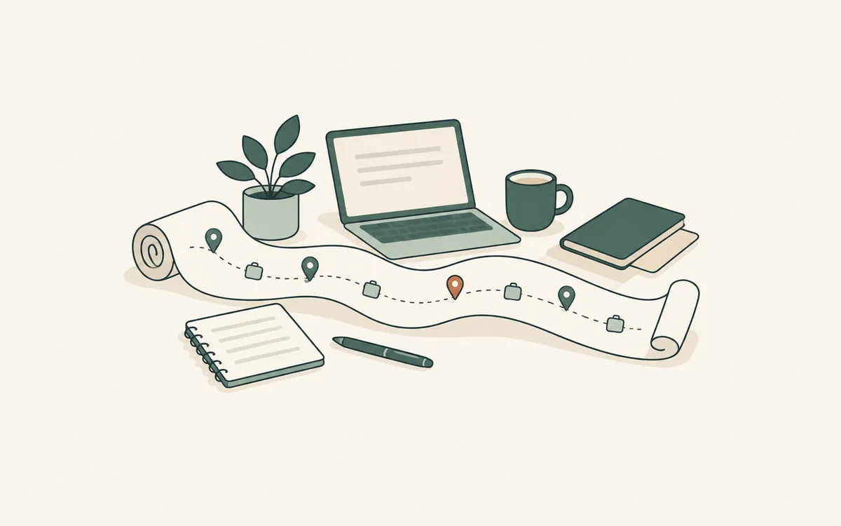 A paper timeline unrolling across a desk, marked with place pins and small suitcases.