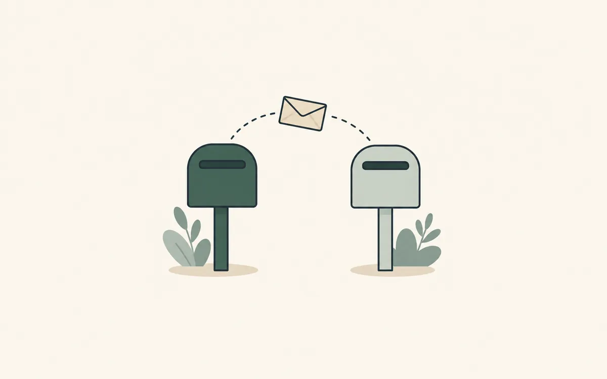 Two letterboxes with an envelope passing along a dotted arc from one to the other.