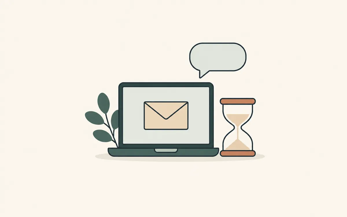 A laptop showing an envelope, with an hourglass beside it and an empty speech bubble above.