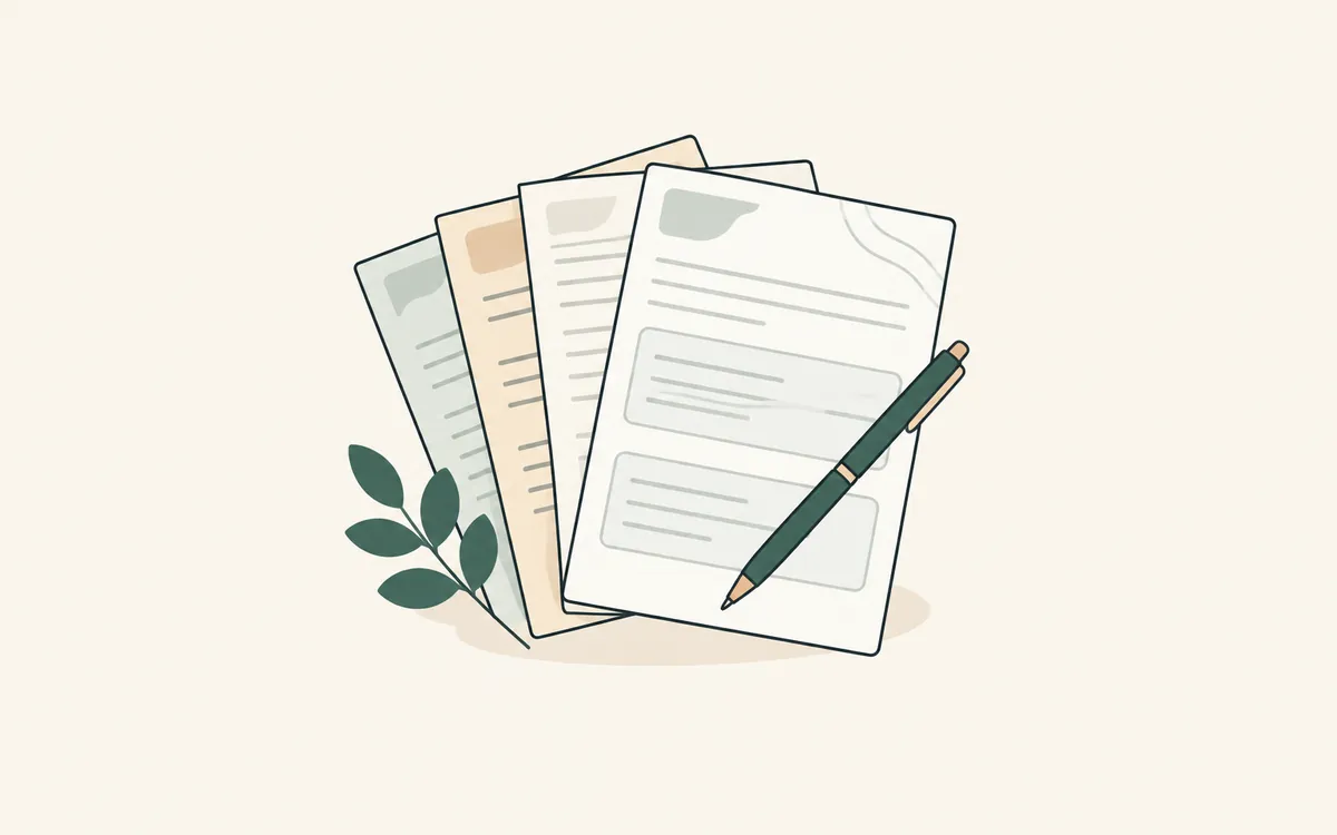 A fan of blank forms in soft colours with a pen resting across them.