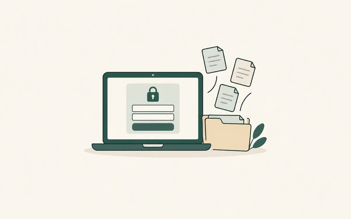 A laptop showing a padlocked sign-in card, with files floating up from a folder.