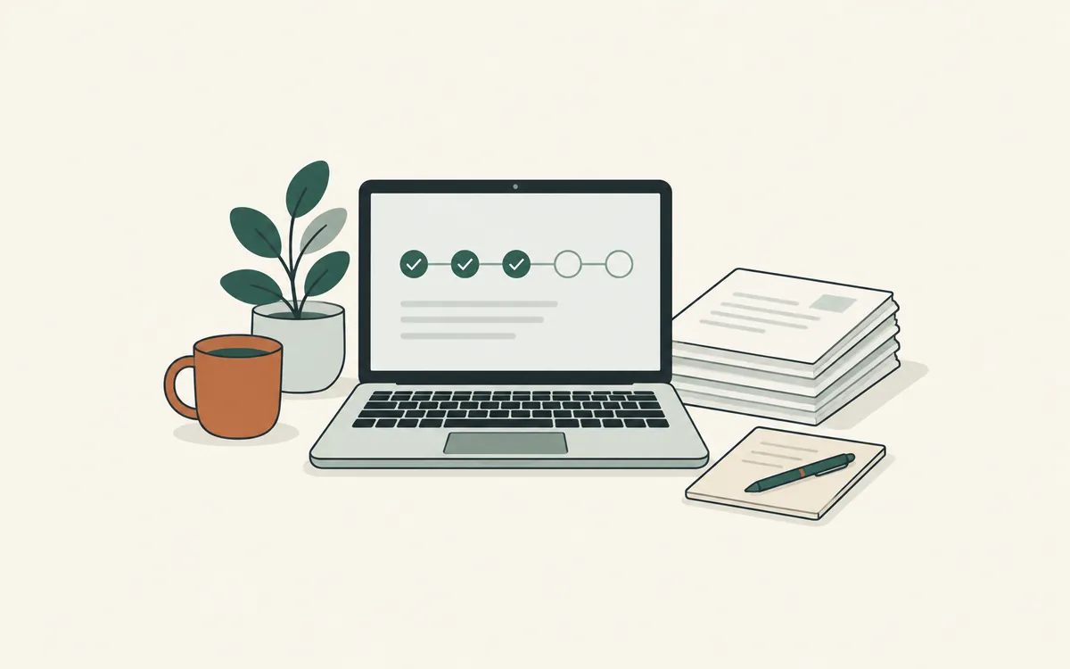 A laptop showing a row of step circles, some ticked, beside papers and a coffee cup.