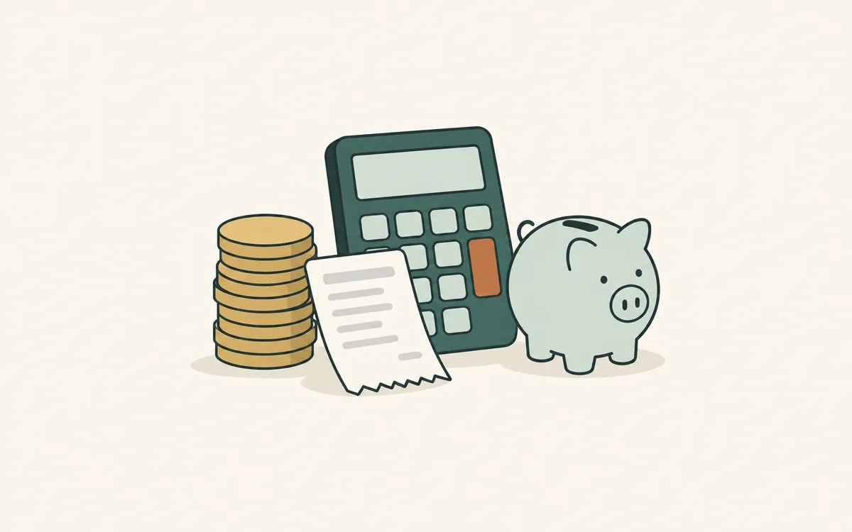 A stack of coins, a calculator, a receipt and a small piggy bank.
