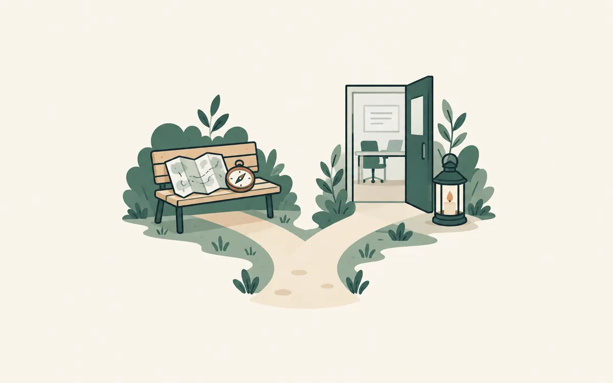 A forked path: a map on a bench, and a lantern by an office door.