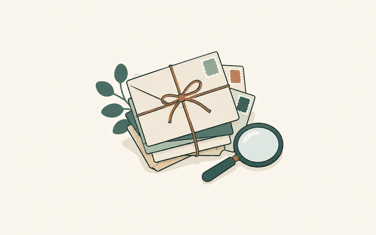 A bundle of stamped envelopes tied with string, with a magnifying glass beside it.