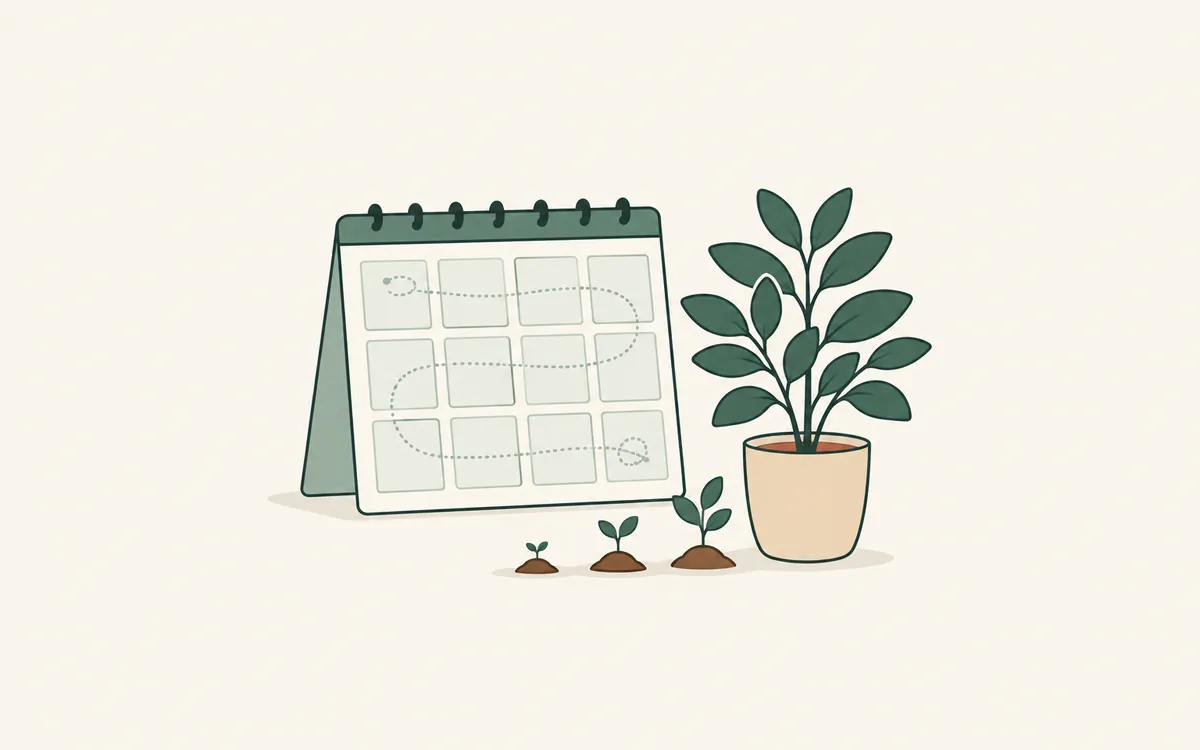 A twelve-square calendar traced by a dotted line, beside seedlings growing into a full plant.
