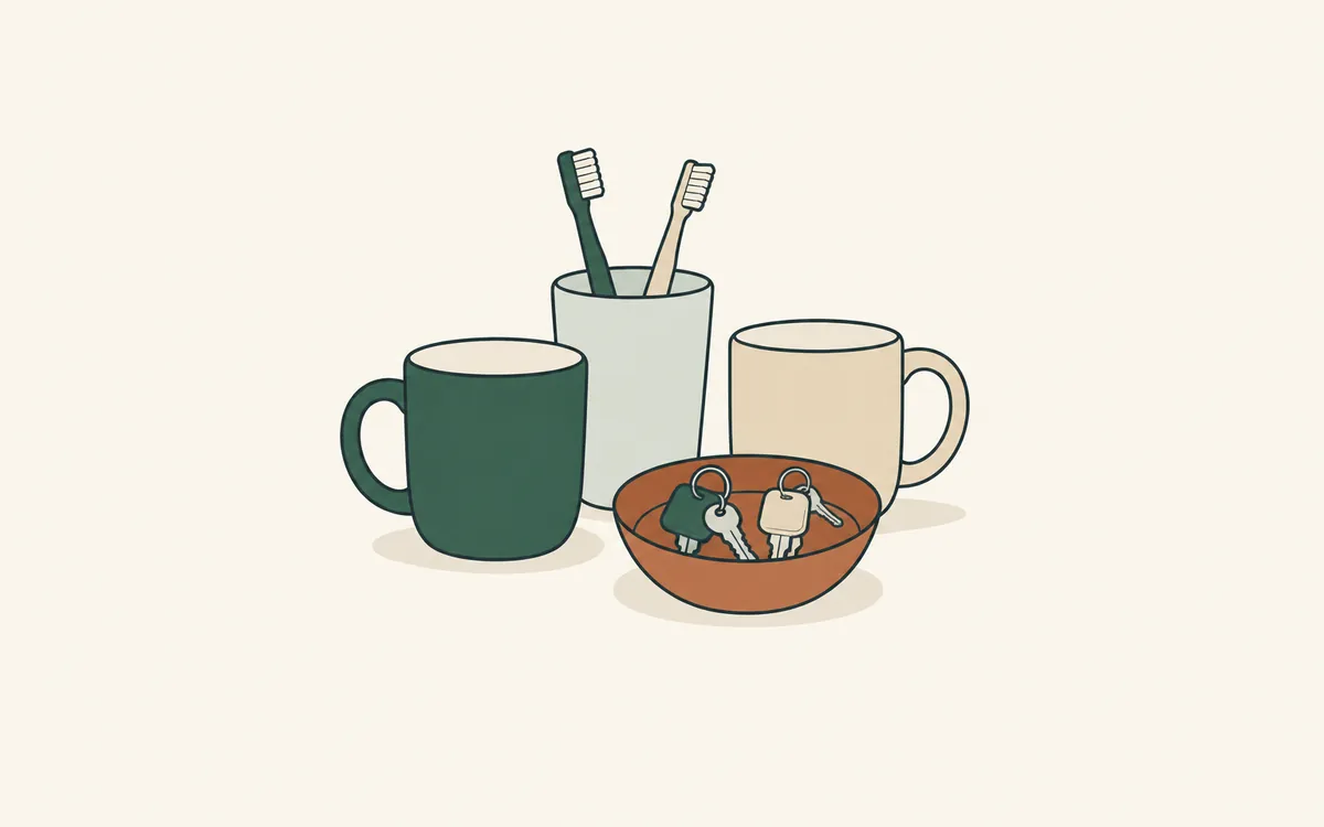 Two mugs, two toothbrushes in one cup and a bowl holding two sets of keys.