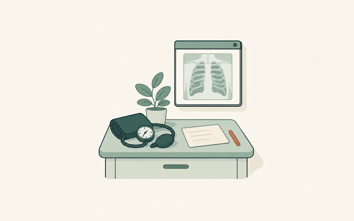 A blood pressure cuff and appointment card on a side table below a chest x-ray lightbox.