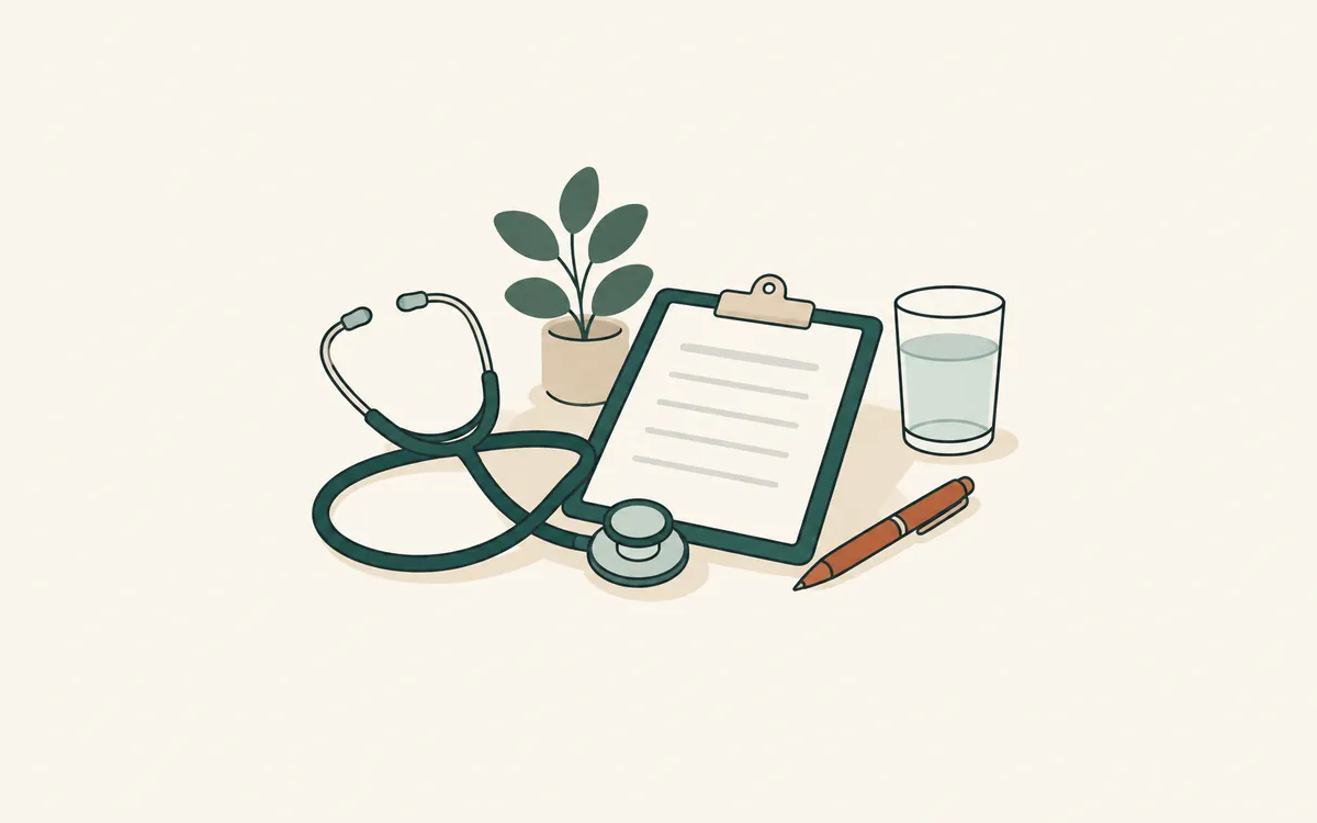 A stethoscope beside a clipboard, a potted plant and a glass of water.
