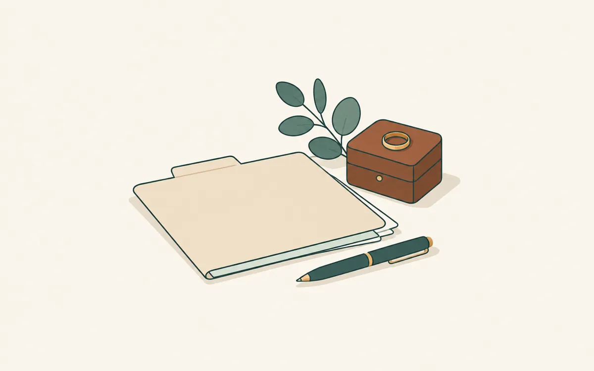 A single ring in a small wooden box set aside, with a folder and a pen.