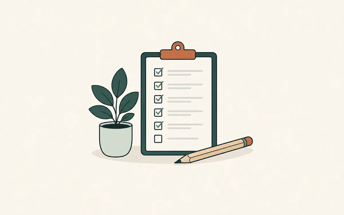 A clipboard of tick boxes, most ticked in green, beside a pencil and a potted plant.