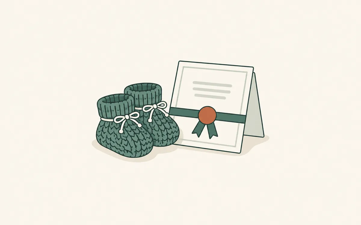 Knitted baby booties beside a folded certificate with a ribbon and seal.