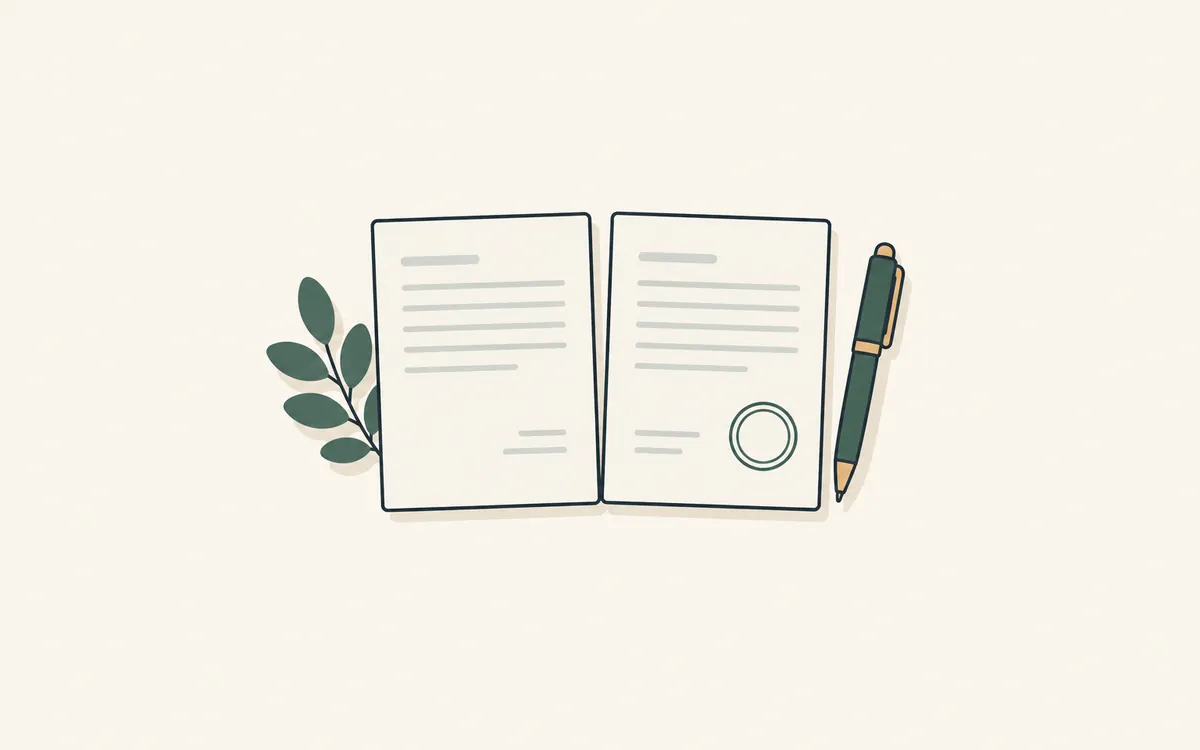 Two matching pages side by side, one with a round stamp mark, and a pen.