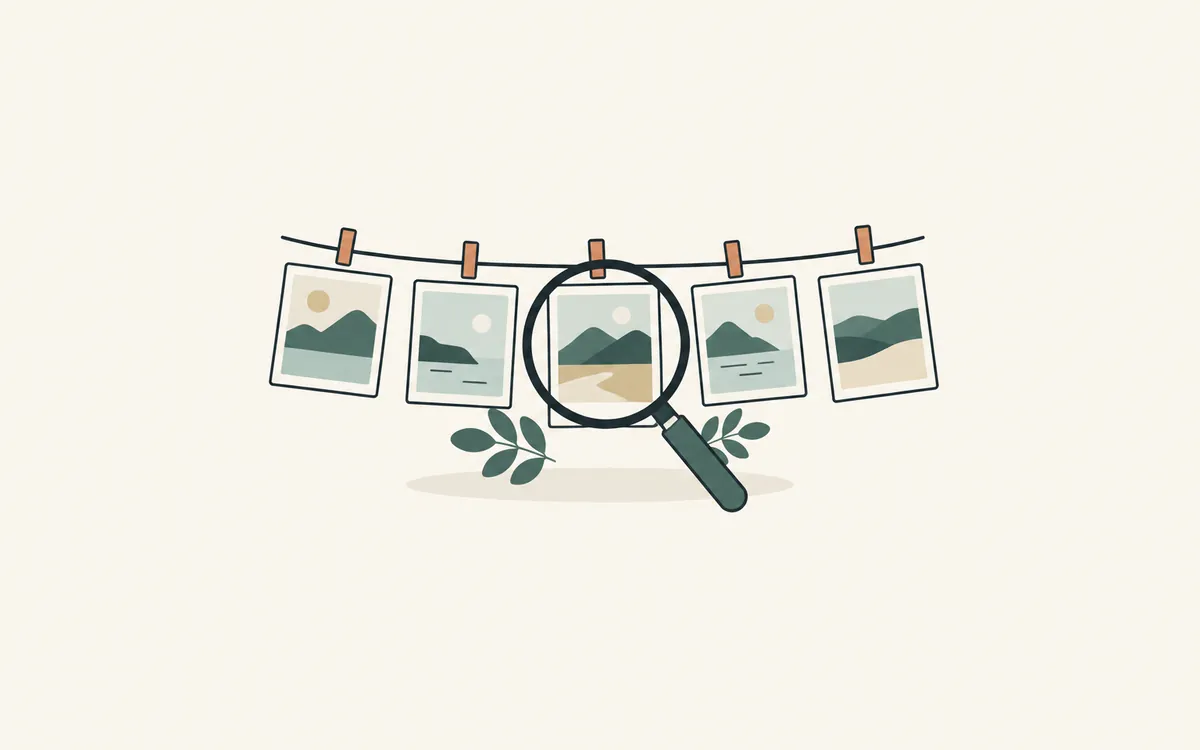 Small landscape photos pegged on a line, one examined through a magnifying glass.