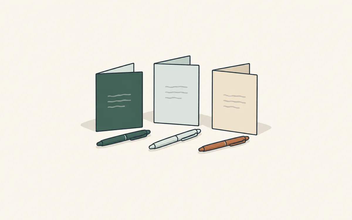 Three folded cards standing upright, each with a different coloured pen in front.
