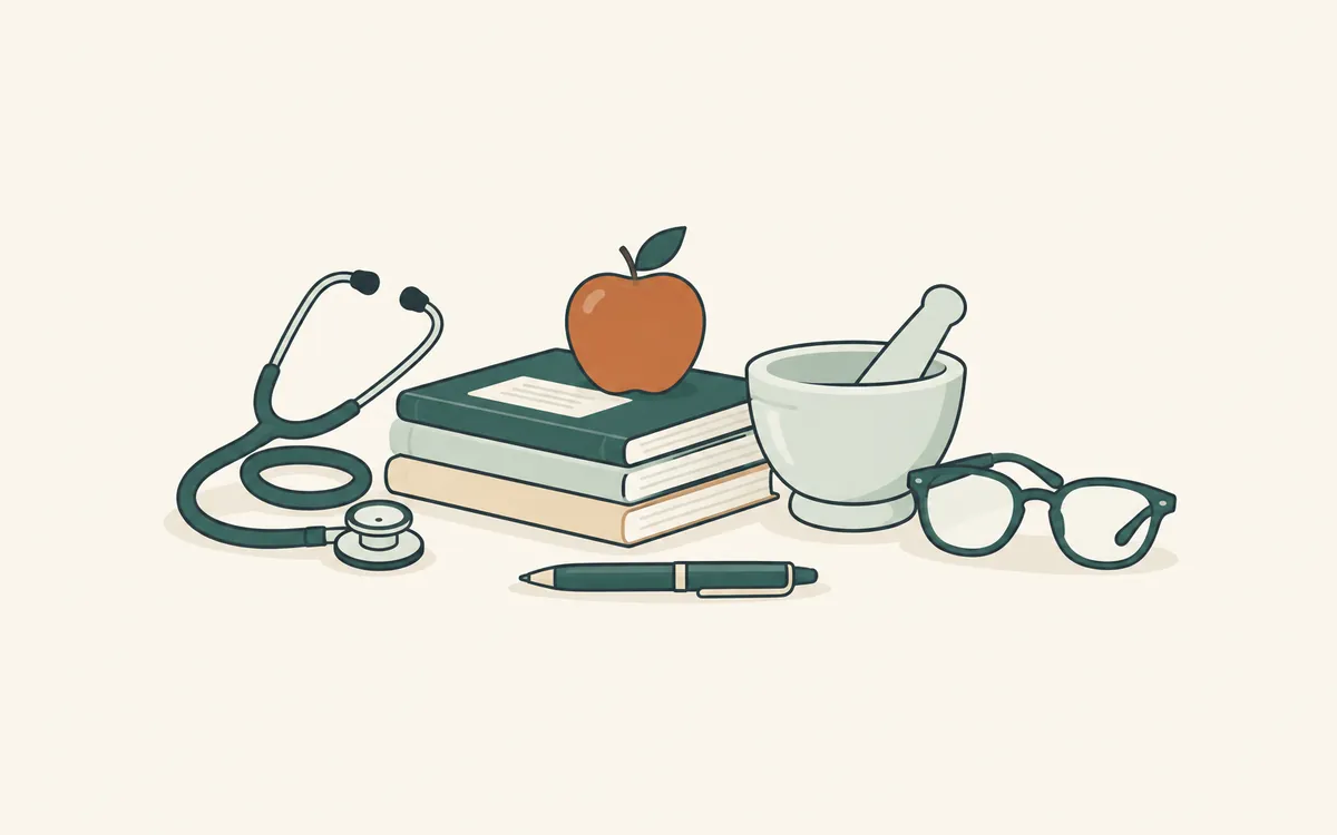 A stethoscope, books with an apple, a mortar and pestle, reading glasses and a pen.