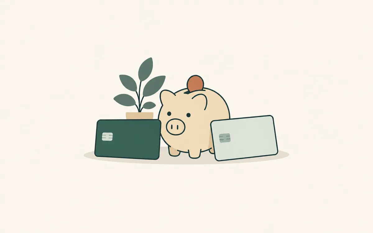 Two bank cards on either side of a shared piggy bank.