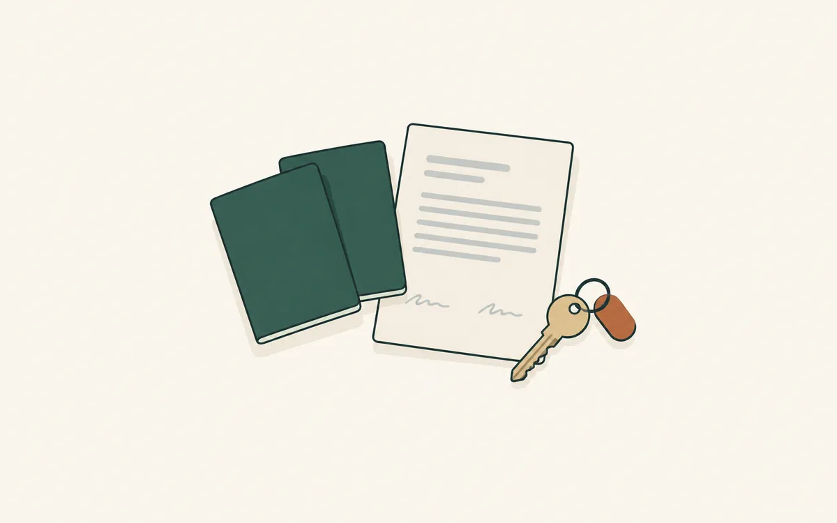 Two passports beside a lease with two signature lines and a single house key.