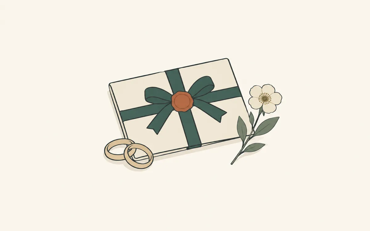 A certificate tied with a ribbon and wax seal, two wedding bands and a flower.