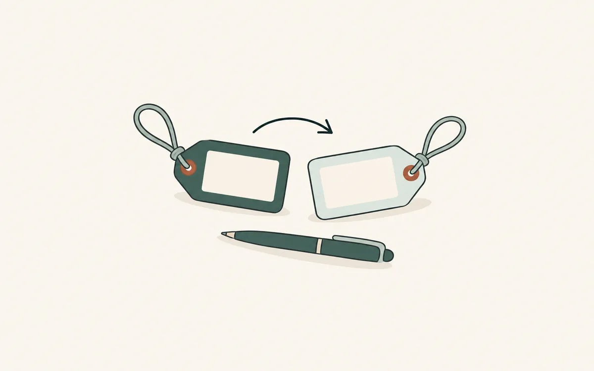 Two blank name tags with a curved arrow between them and a pen.