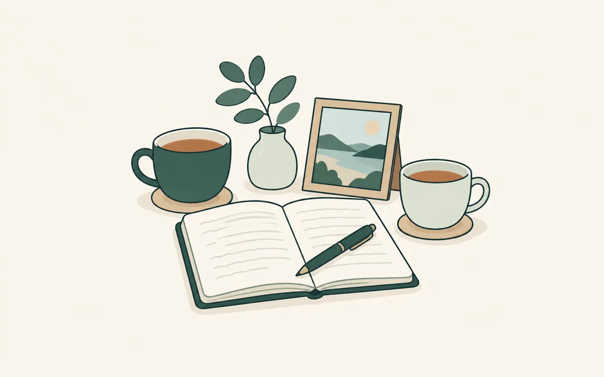 An open notebook and pen between two cups of tea and a framed landscape picture.