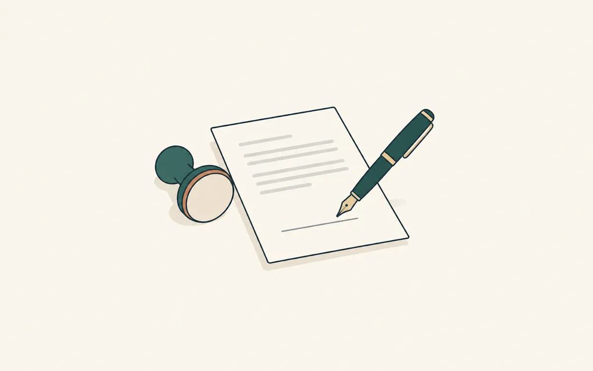 A fountain pen over a page with a signature line, beside a round rubber stamp.