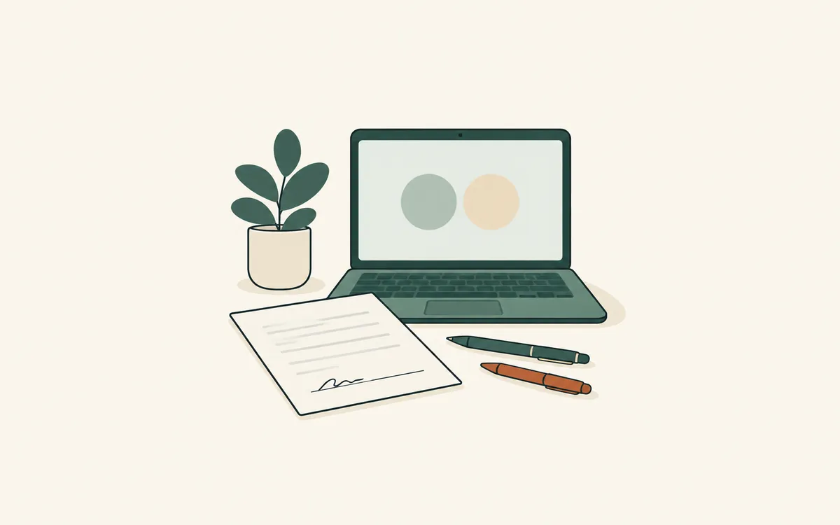 A signed page and two pens in front of a laptop showing a video call.