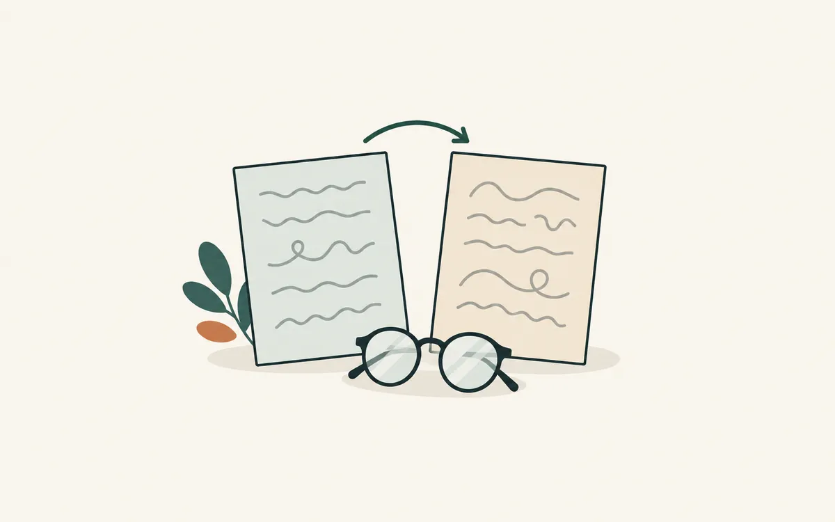 Two pages of abstract script joined by a curved arrow, with reading glasses in front.