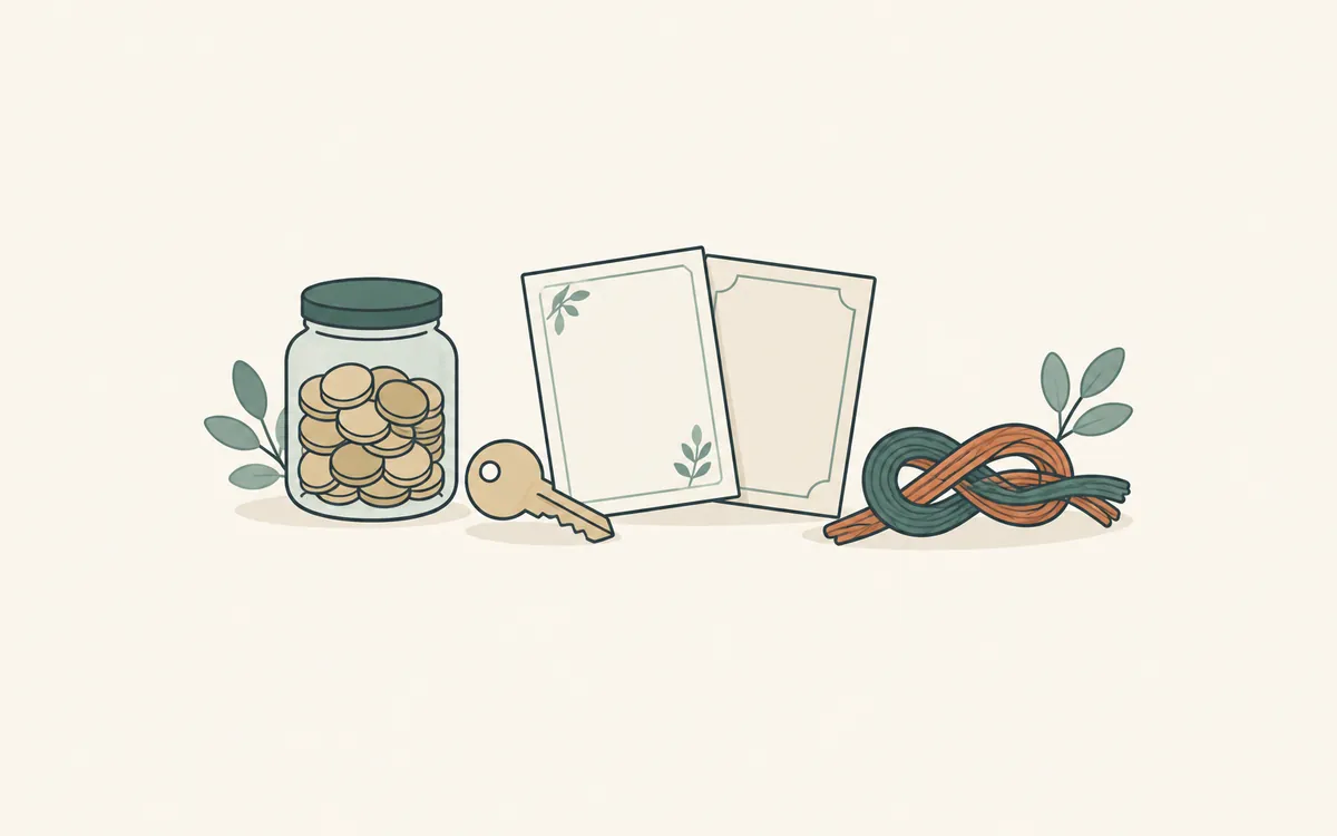 A coin jar, a house key, two invitation cards and two intertwined threads of yarn.