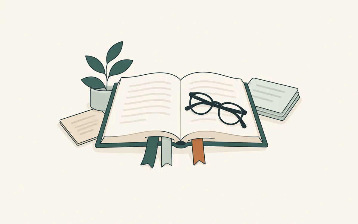 An open reference book with ribbon bookmarks and a pair of reading glasses.