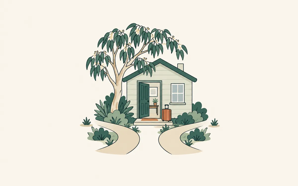Two garden paths meeting at the open door of a small house under a gum tree.
