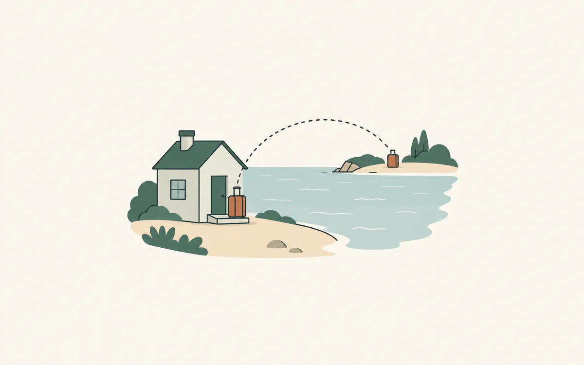 A house and suitcase on one shore, linked by a dotted arc to a far shore.