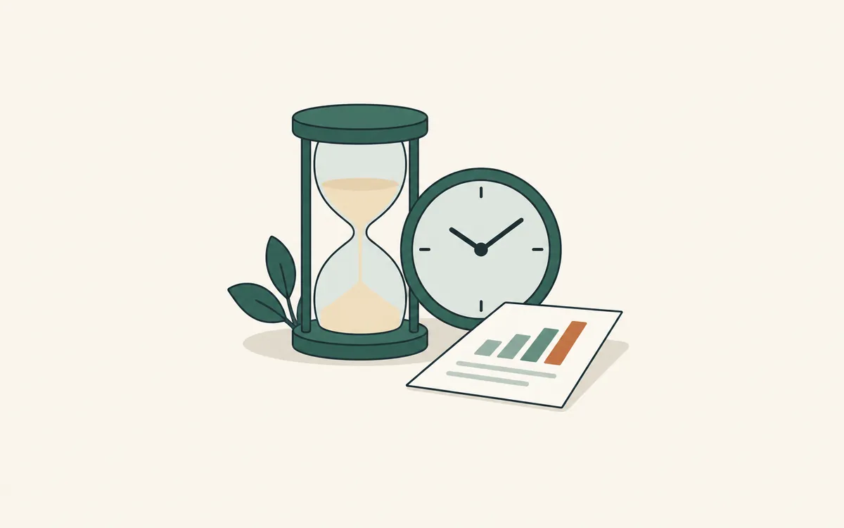 An hourglass and a wall clock beside a sheet with a simple bar chart.