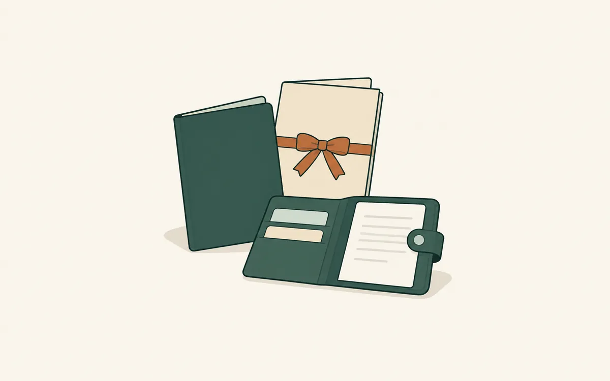 A green travel booklet, a certificate tied with a ribbon and a document wallet.