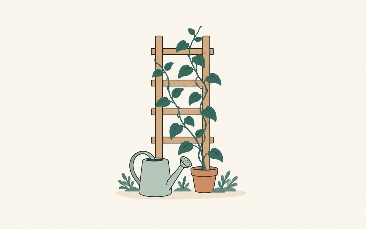 A young vine climbing a wooden trellis, with a watering can at its base.