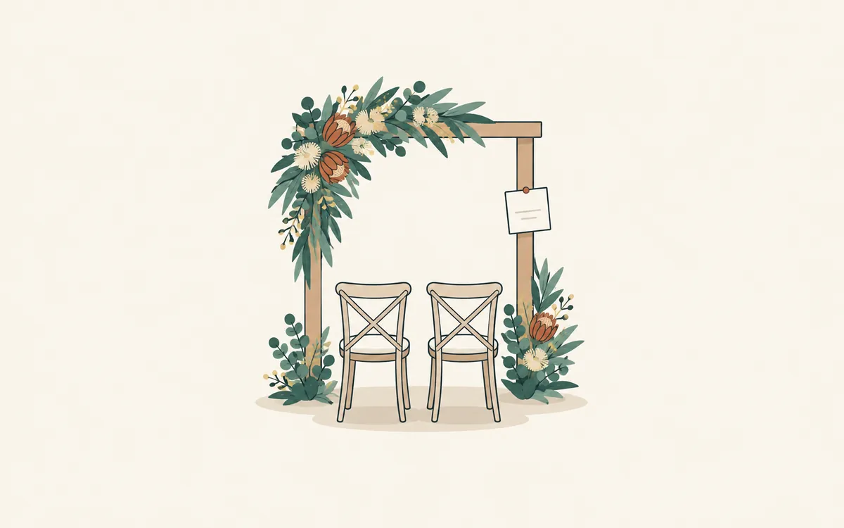 A flowered garden wedding arch with two empty chairs and a small pinned notice.