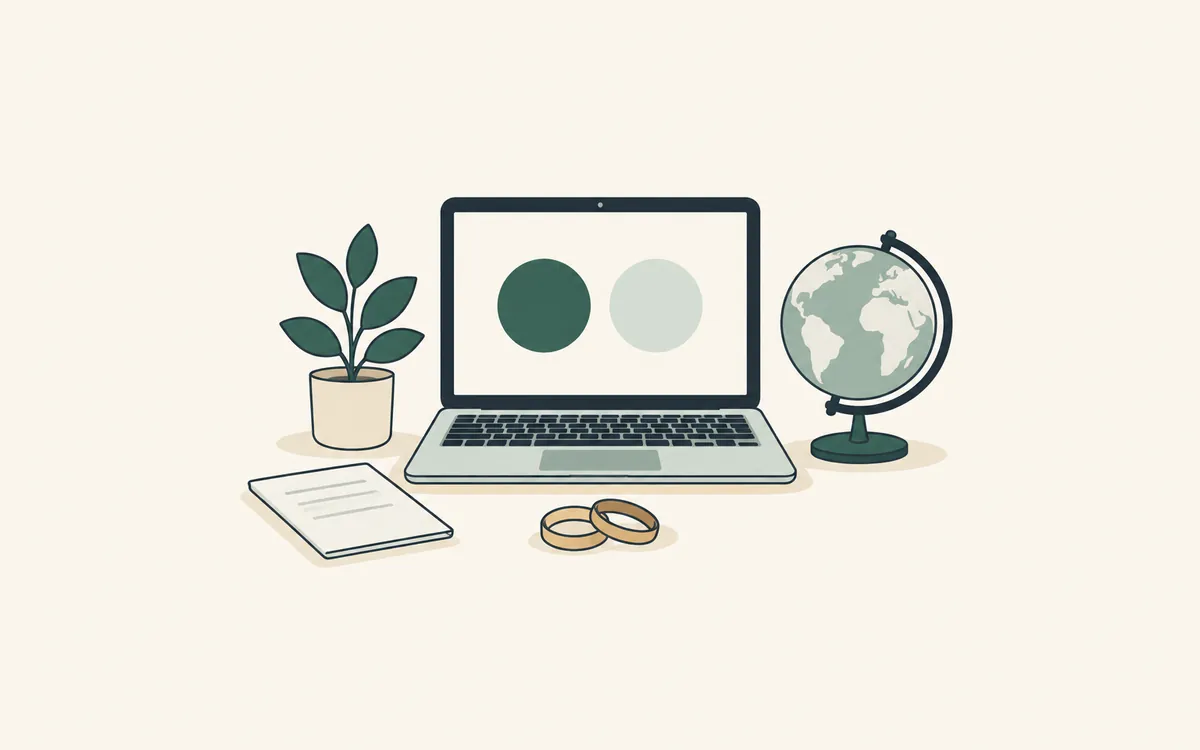 A laptop on a video call beside a desk globe, a notebook and two wedding bands.